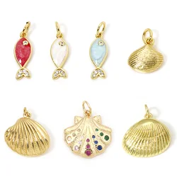 1pc New Brass Charms Gold Color Shell Fish Animal Enamel Clear Cubic Zirconia Pendant DIY Necklace Earrings For Women Jewelry