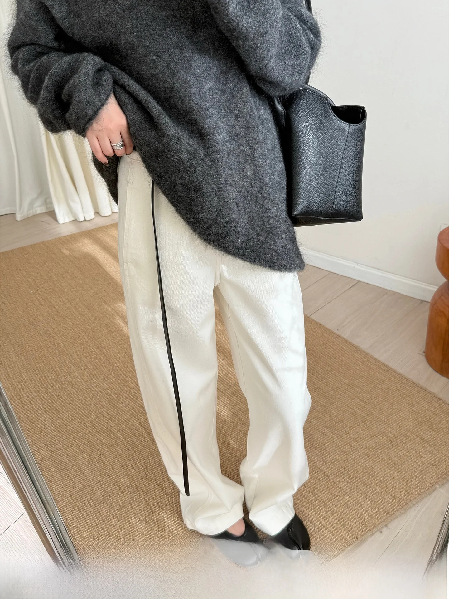 

White Denim Banana Pants Straight Leg Casual Jeans l Waist Button Closure Pure Color Autumn Ladies Loose Fit Cotton Blend