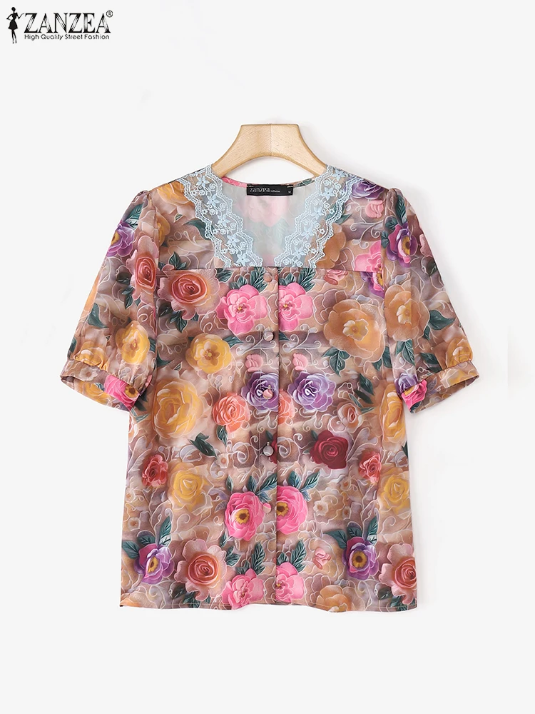 

ZANZEA Summer Lace Blouses Women Vintage Floral Printed Tops Short Sleeve V Neck Blusas 2025 Casual Loose Bohemian Tunic