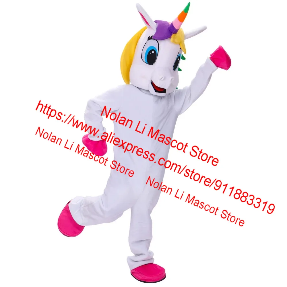 Anime unicórnio mascote traje, passarela mágica, promoção do estágio, rosa, branco, arco-íris, desenhos animados, tamanho adulto, presente de férias, alta qualidade, 1034