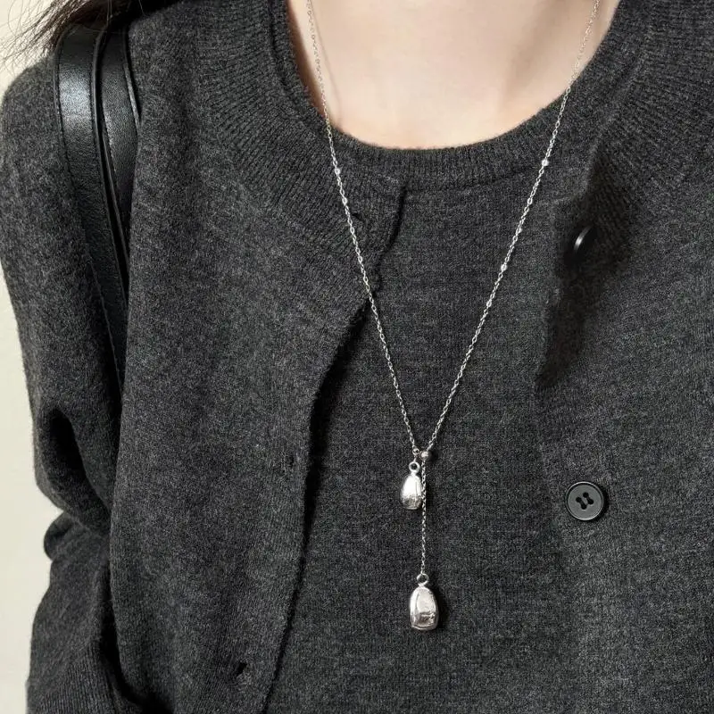 【K】Simple Water Droplet Pendant Necklace For Women Fashion Irregular Metal Smooth Long Y-Shaped Necklace Sweater Chain Jewelry