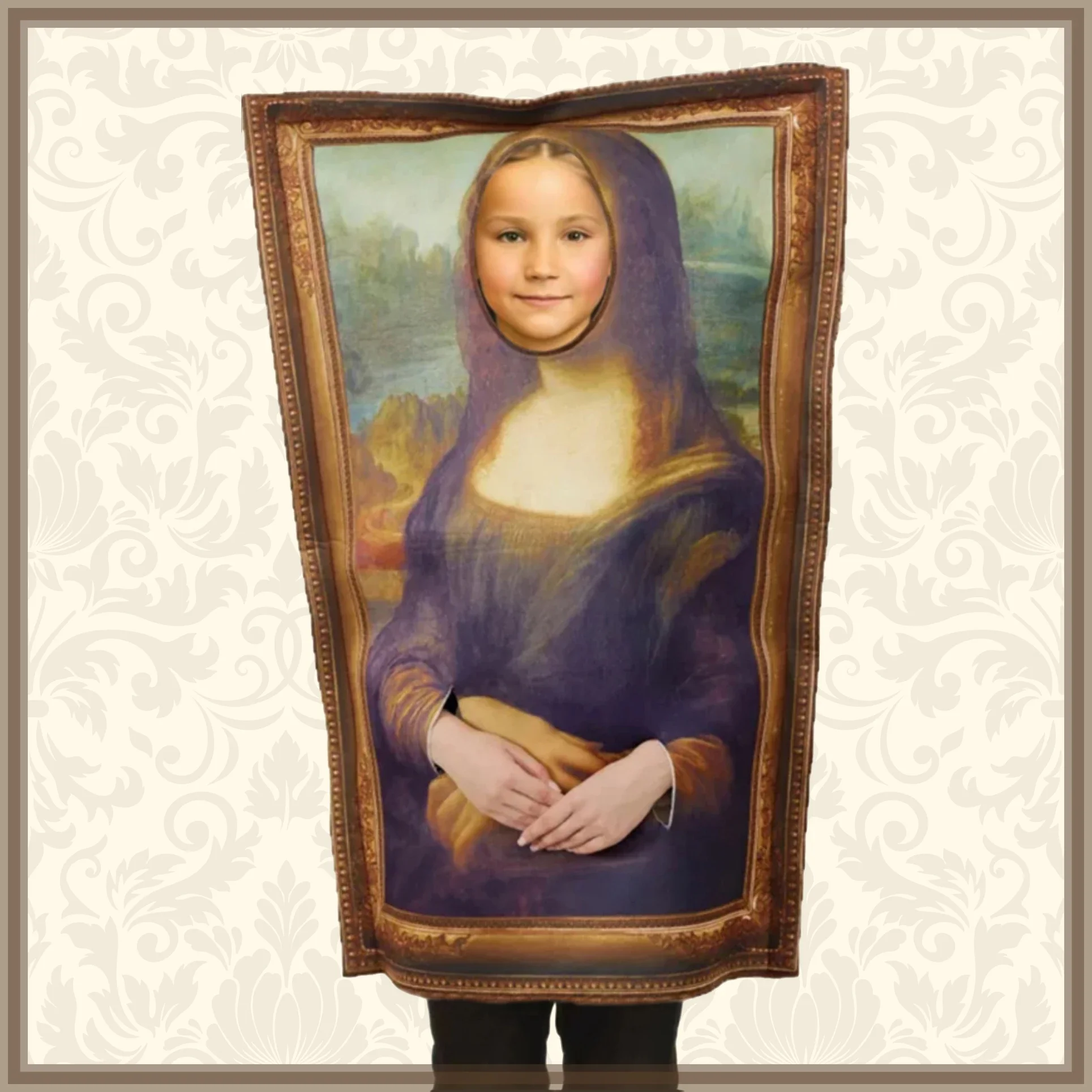 

Funny Cosplay Mona Lisa Mural Costumes Props for Adult Unisex Sponge Jumpsuit Halloween Classic Carnival Fancy Dress Up Party