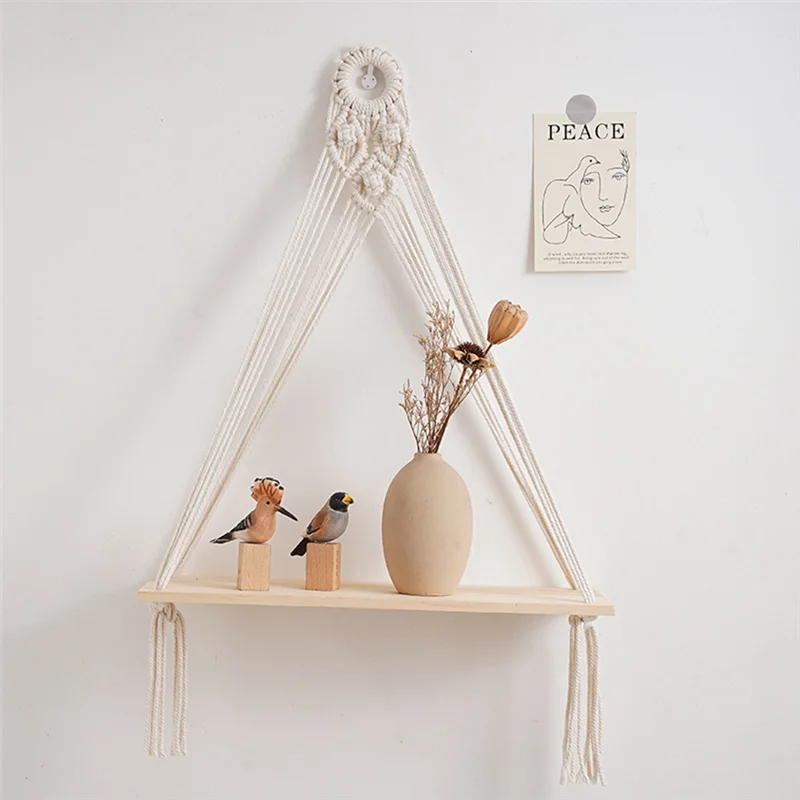 AT05-2PCS بوهو اليدوية الجرف البوهيمي رف خشبي النباتات العائمة حبل رفوف حامل الزخرفية B #3