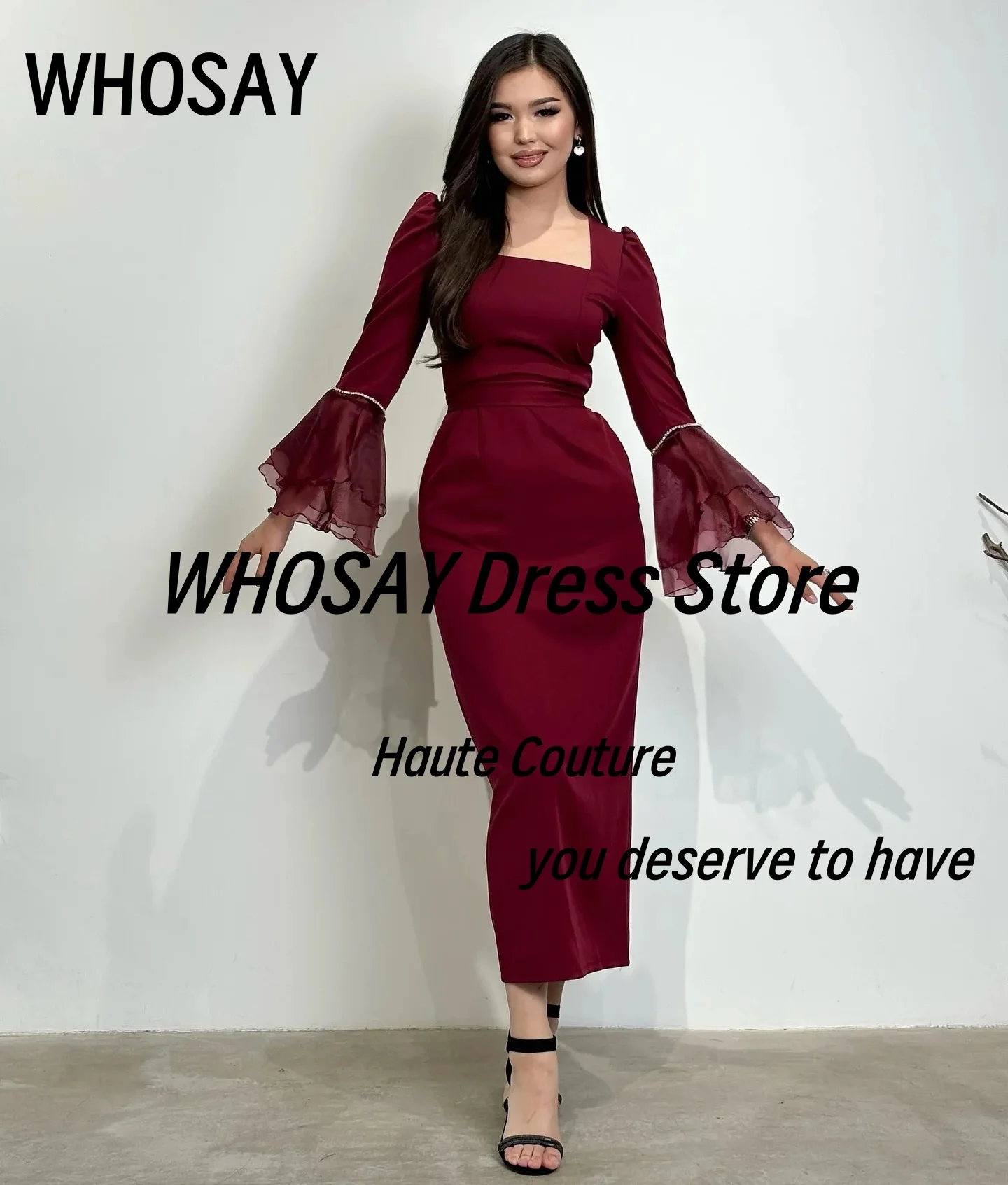 WHOSAY Burgundy Prom Dresses Long Sleeves Evening Gowns Square Neck Robe Des Cocktail Party Dress Customized