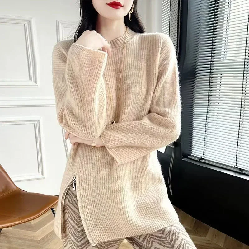 

Модный женский свитер с воротником на молнии и разрезом на осень и зиму, новая свободная и ленивая трикотажная базовая рубашка XQ66