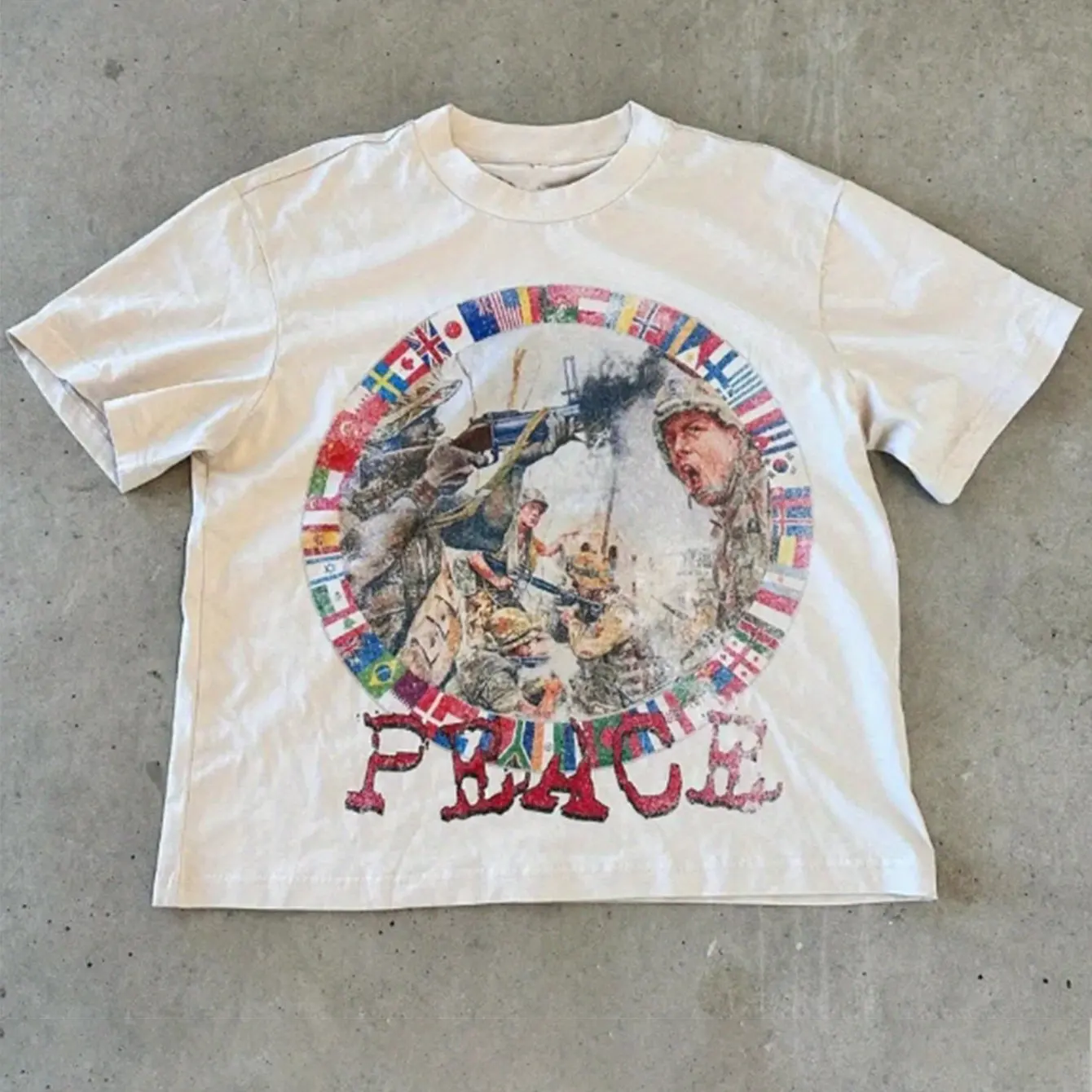 Peace in The Retro War Pattern Print Summer New Men and Women Pure Cotton Retro Fashion Streetwear