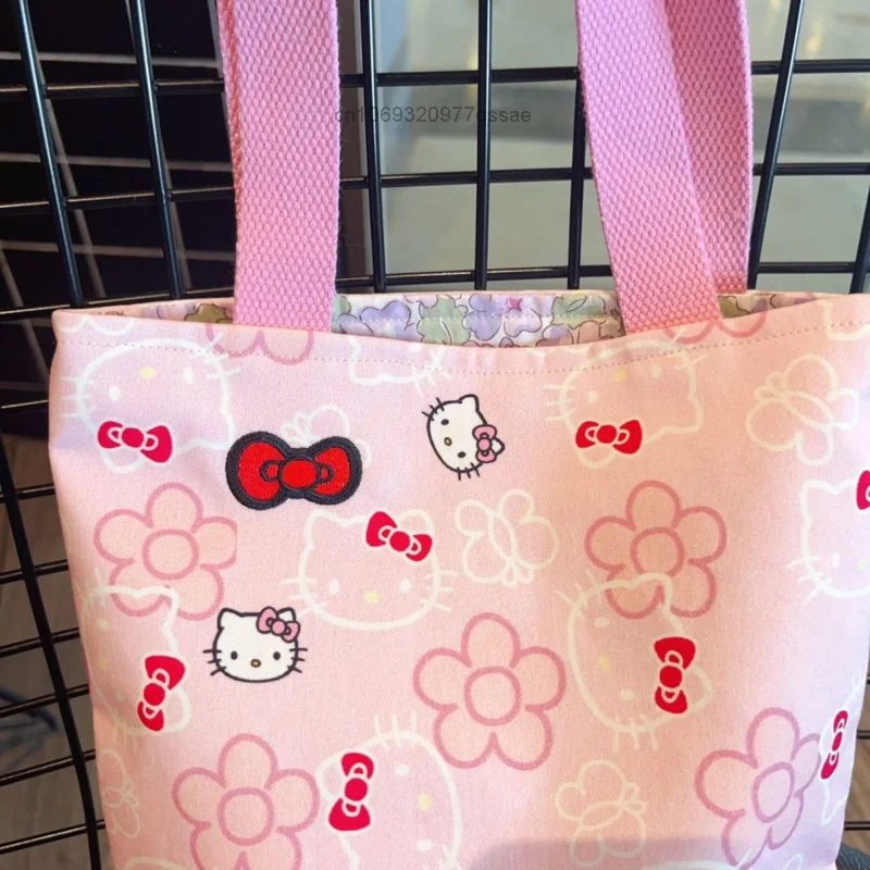 Sanrio Hello Kitty Girl serce bawełniana różowa tkanina torba na ramię damska haftowana kokardka ręcznie robiona przenośna podręczna torba