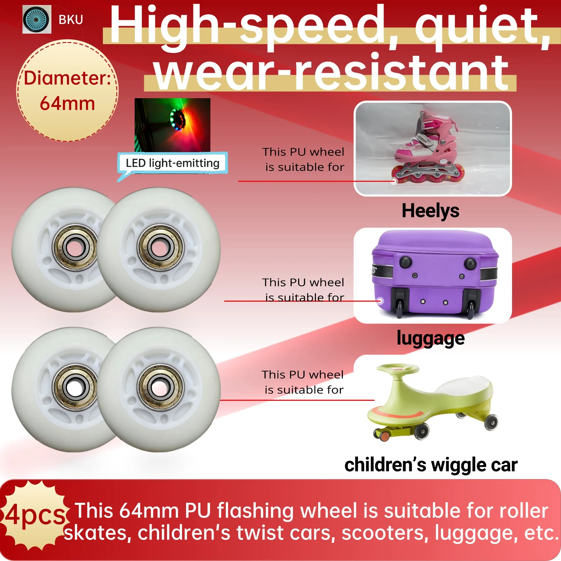 

4 Pcs 64mm Light-Up PU Wheels for Roller Skates & Scooters - Silent Durable OEM Replacement with Bearings