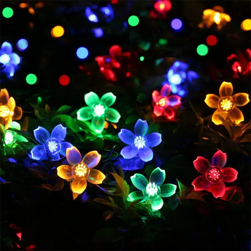 Solar Cherry Lamps Blossom Outdoor Waterproof Fairy LED Lights Crystal Lamp String Decor Wedding Party