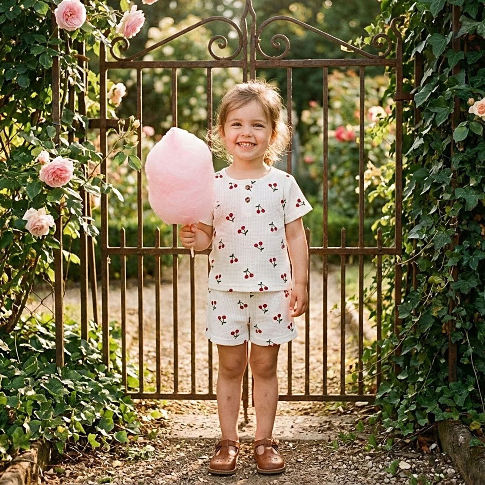 Toddler Baby Girl Summer Outfit Cherry Print Button Crew Neck Short Sleeve Tops and Shorts 2 Pcs Set