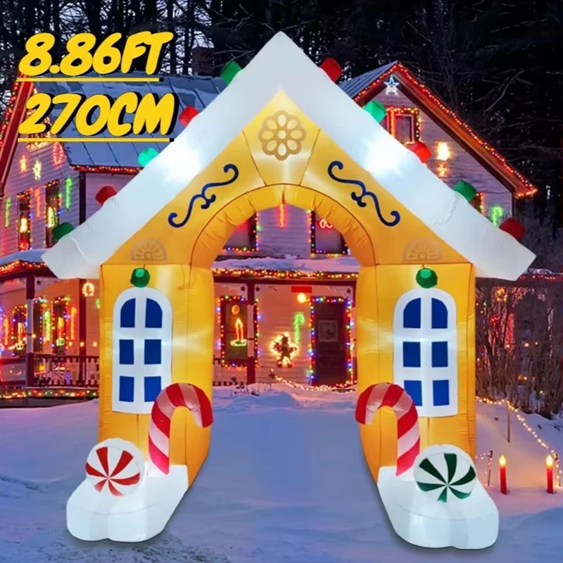 

8,86 фута надувной рождественский пряничный домик-арка, игрушка со светодиодной подсветкой, праздничные рождественские подарки, рождественские надувные украшения для двора, Рождество