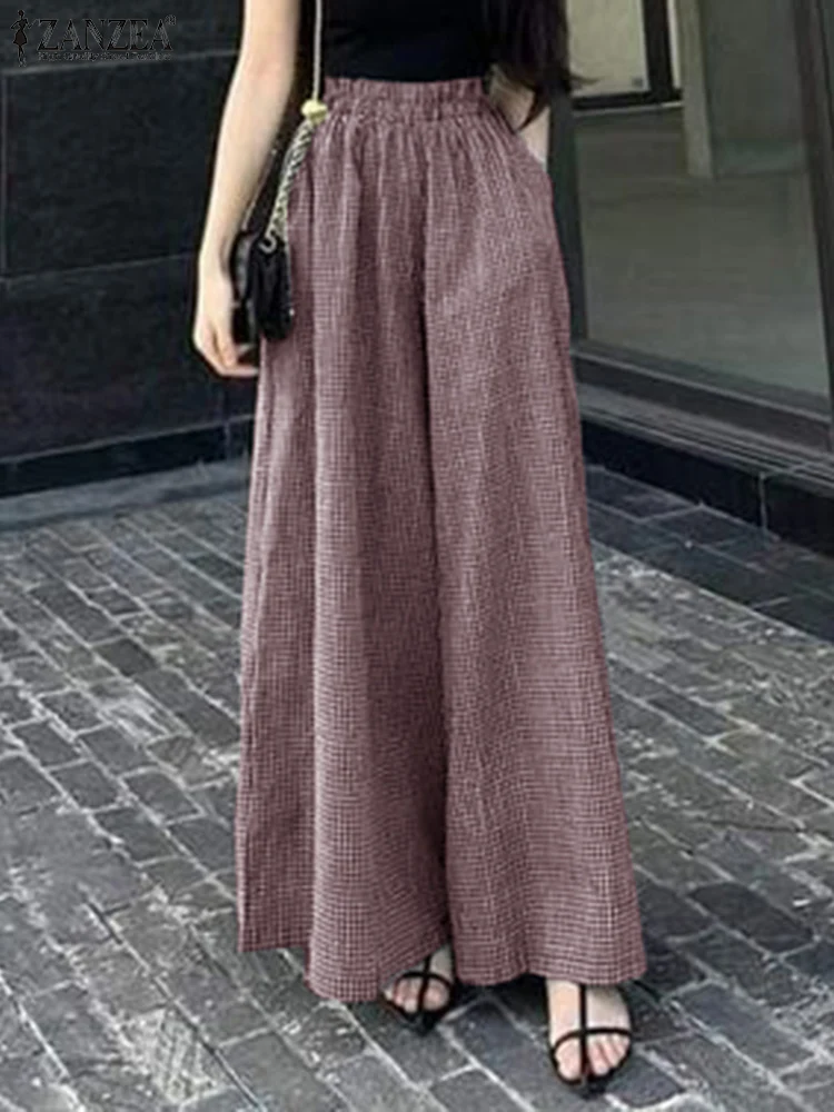 ZANZEA Loose Causal Women Gingham Wide Leg Pants Korean Fashion Streetwear Commute High Waist Pantalon 2024 Fall Checked Trouser