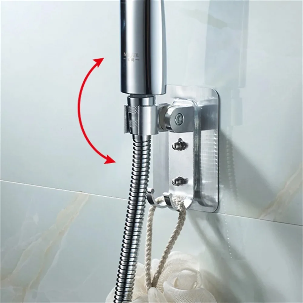 Bathroom Aluminium Shower Head Holder with 2 Hook Dual Install Self-Adhisive Rustproof Adjustable No Drill Shower Holder