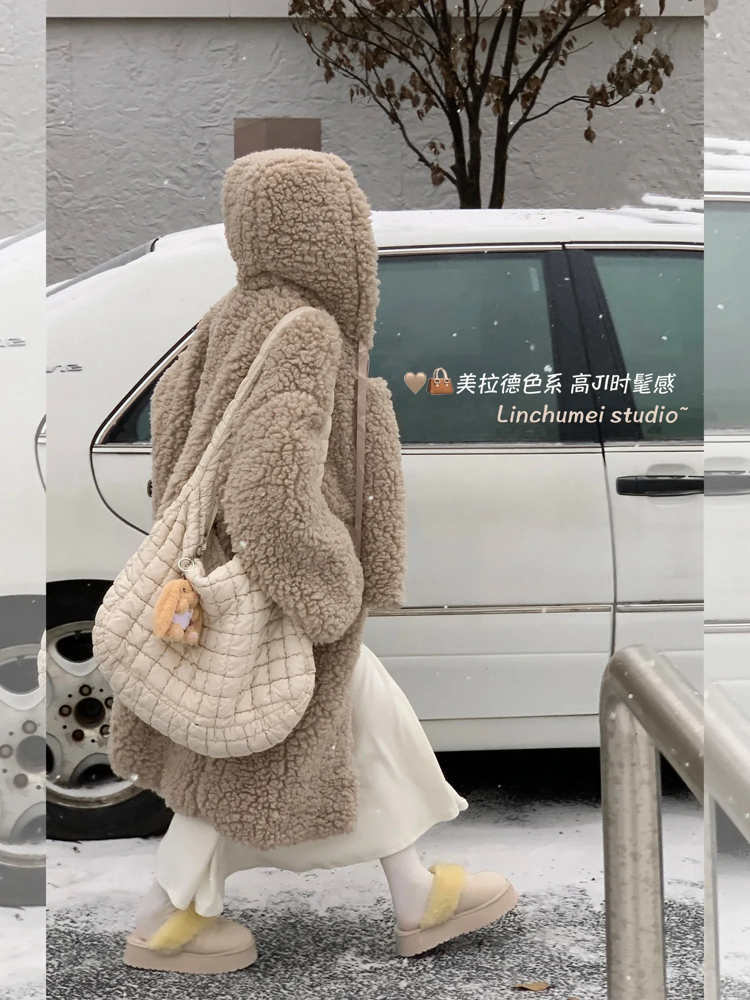 Blue Lamb Wool Coat for Women Autumn and Winter 2023 New Korean Style Loose-Fitting Long Fleece-lined Thick Hooded Faux Fur Coat