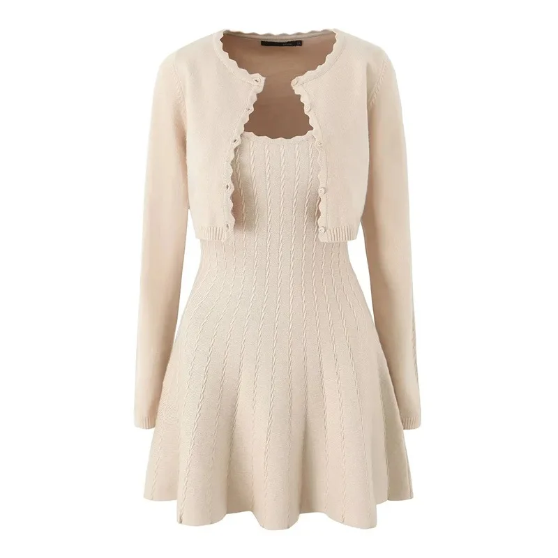 

2025 Winter Hot Selling New Style Knitted Cardigan and Strap Dress Two Piece Set for Women