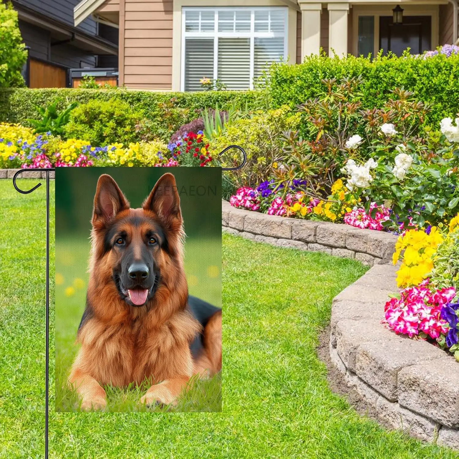 Lying German Shepherd 12x18 Inch Garden Flags Double Sided Garden Green Grass Field Flower Yard Flag Linen Banners Home Decorati