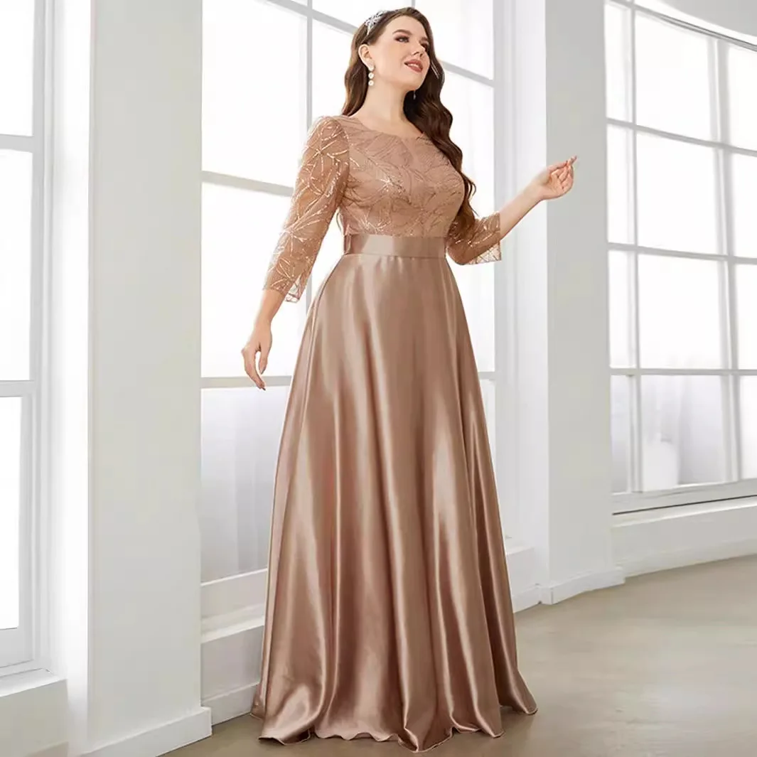 Crew neck long sleeve sequin patchwork satin long gown ball dress Party dress Bridesmaid dress