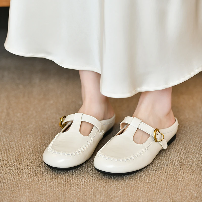 Fashion Sewing Flat Slippers Summer Pull on Women Mules Belt Buckle Ladies Slides Shoes Outdoor Casual Round Toe Moccasins New