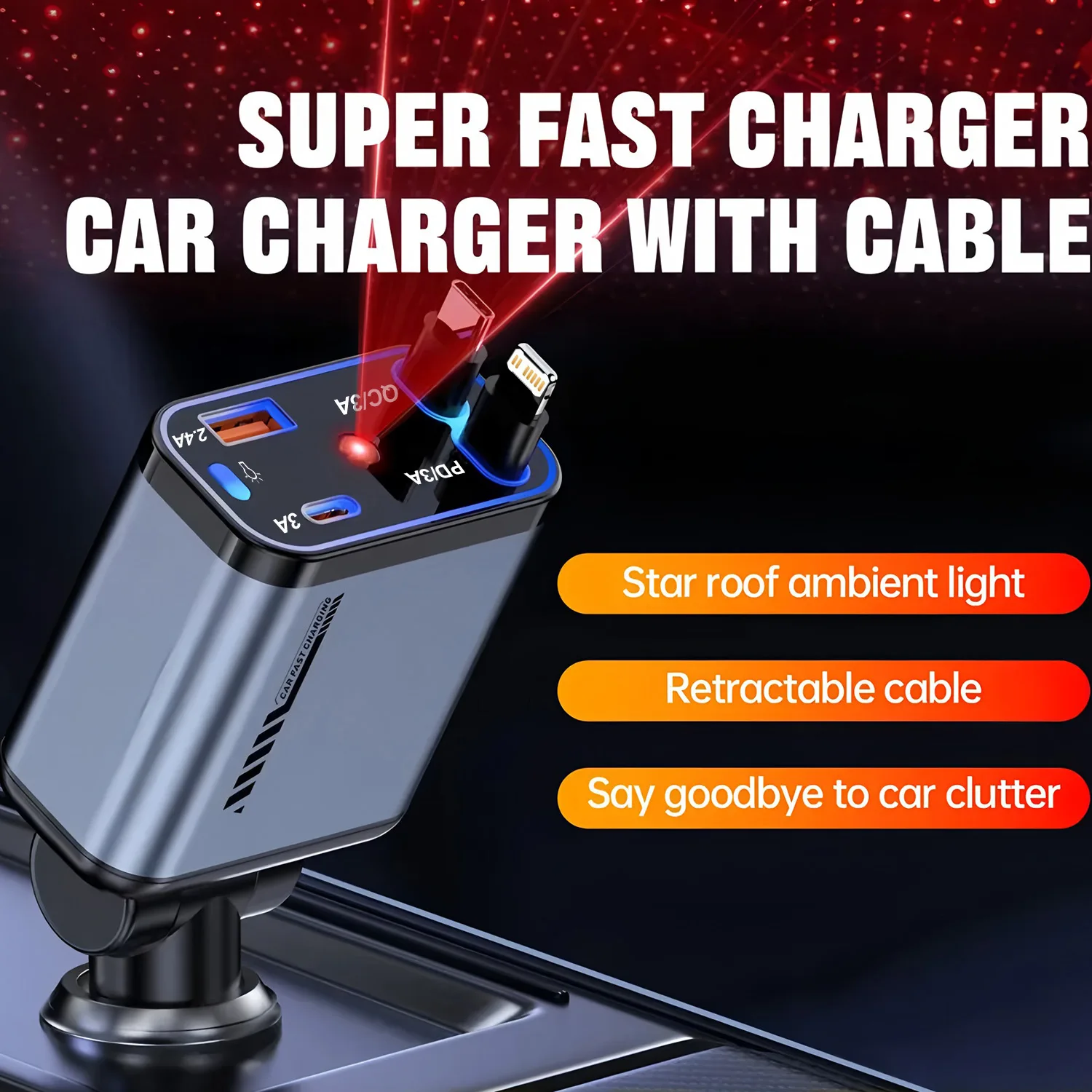 

4-in-1 Car Fast Charger - USB Type-C Power Adapter with Retractable Cable & Roof Starlight,Compatible with iOS & Android Phones