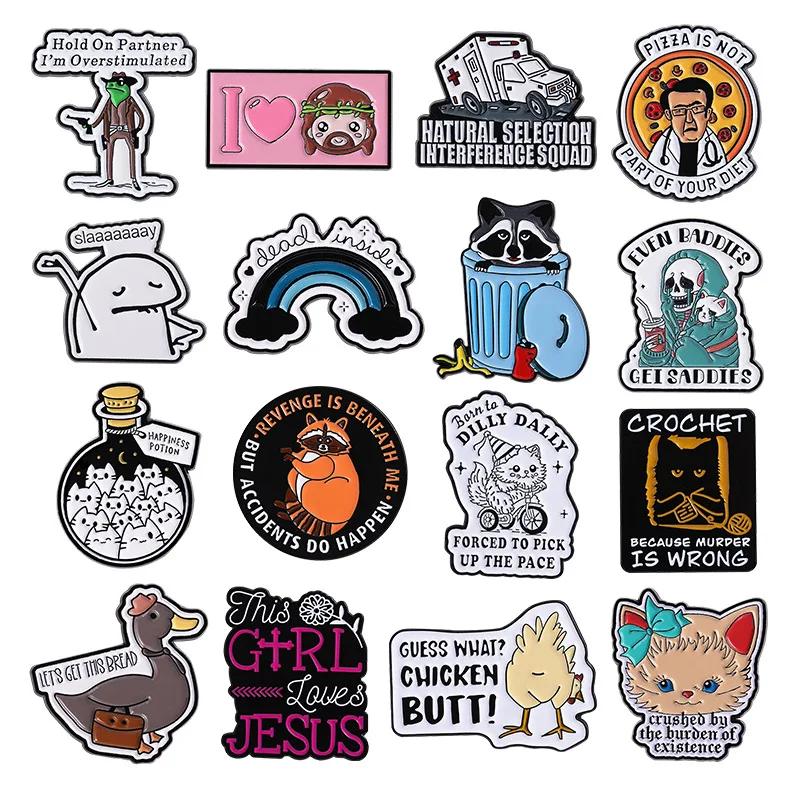 Lustige Cartoon-Broschen, Pistole, Frosch, Krankenwagen, Arzt, Anstecknadeln, Regenbogen, Kaffee, Schädel, Katze, Flasche, Huhn, Mädchen, Liebe, Jesus, Abzeichen, Schmuck