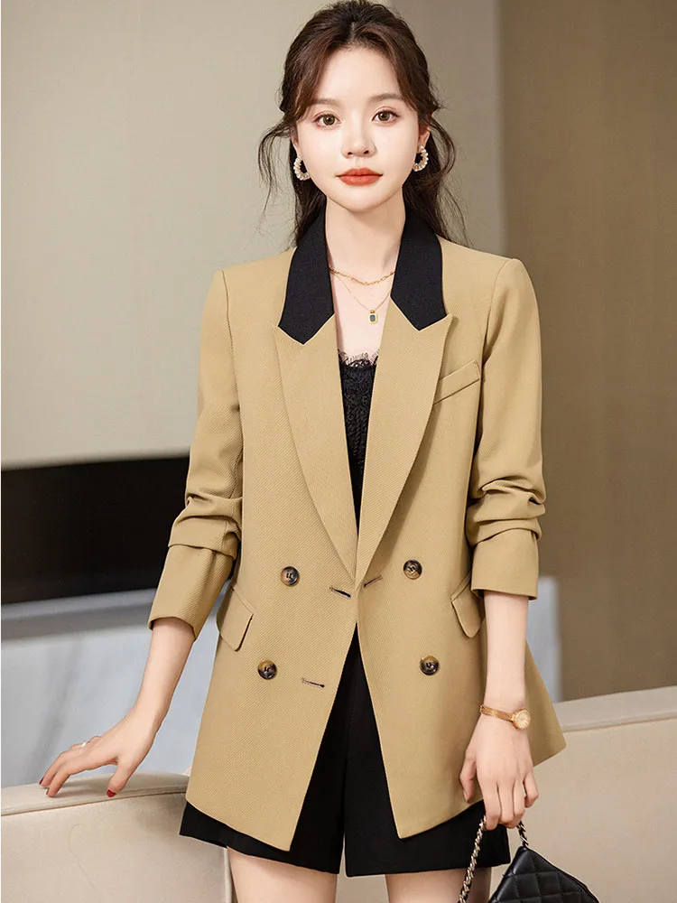 ファッション女性ブレザーアプリコットカーキ女性長袖春秋服レディースルーズフォーマルジャケットコート作業服アウター