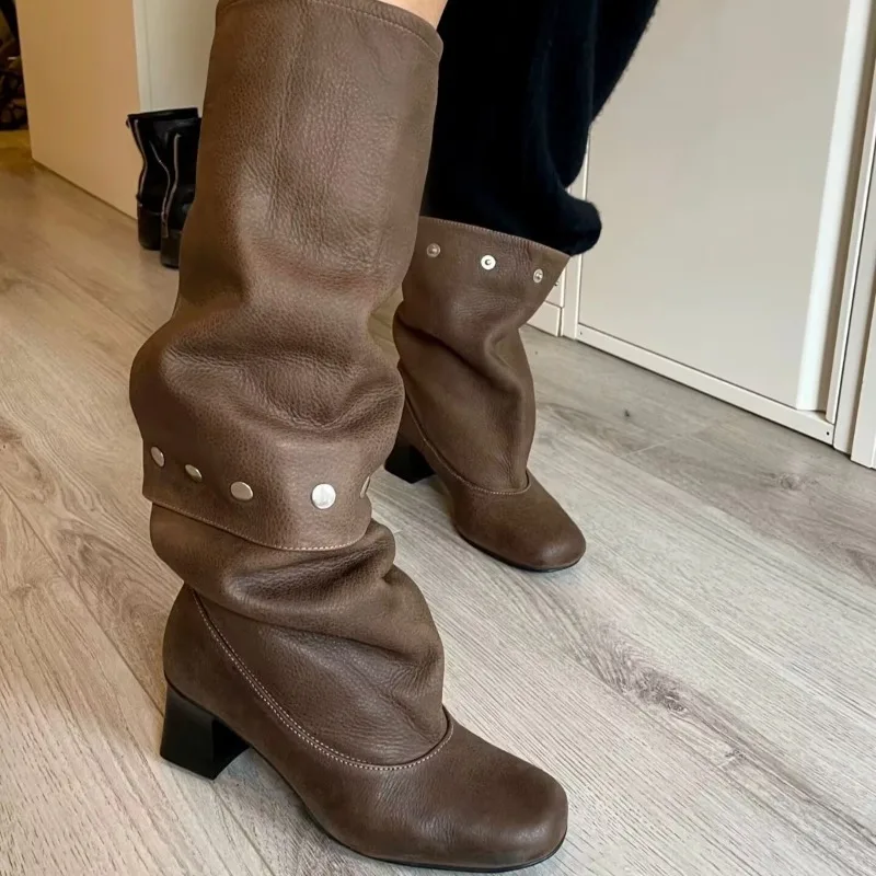 Retro Women's Shoes Exquisite Soft Leather Slouchy Boots for Woman Fashion Round Head High Heels Designer Shoes Botas Feminina