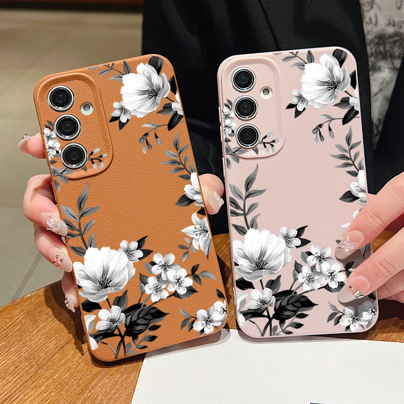 Case For Samsung Galaxy S25 S23 S22 Ultra S24 FE A56 A36 A16 A55 A15 A54 A35 5G Flowers Pattern Leather Texture TPU Phone Cover
