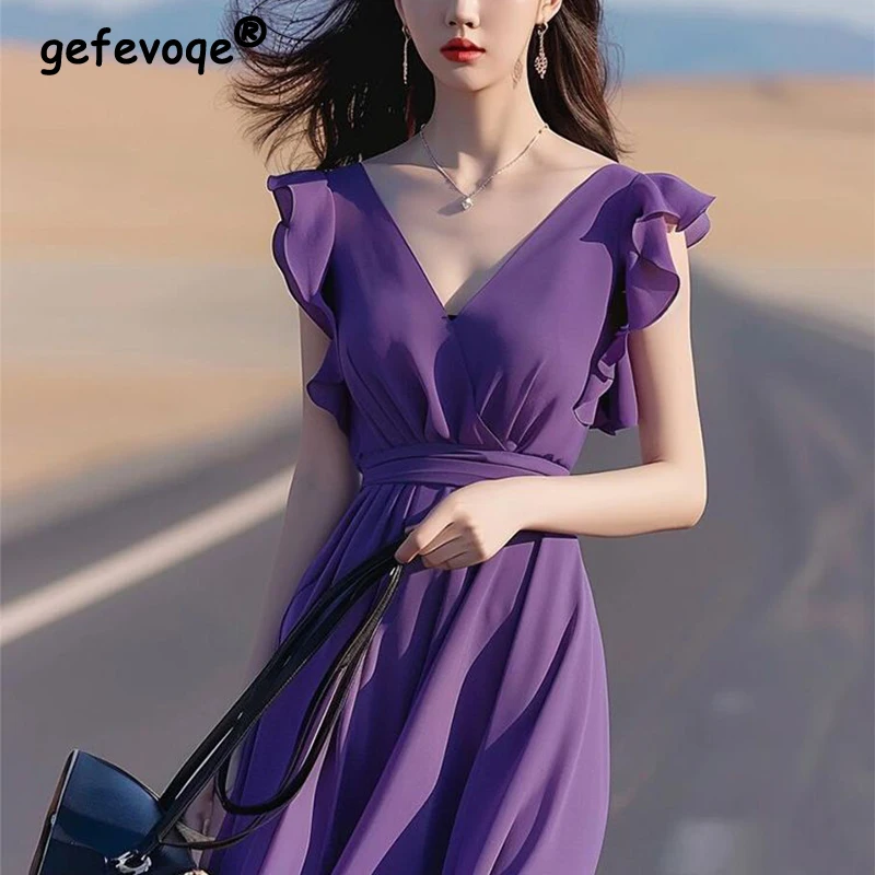 

Summer V-neck Ruffles Purple Waist A-line Dress Ladies Flying Sleeve Elegant Fashion Robe Women Slim Casual Temperament Vestidos