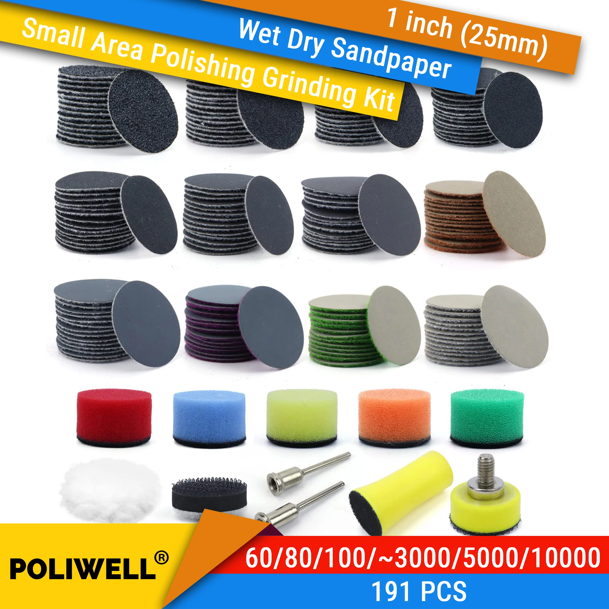 

191 PCS 1 Inch 25mm Sanding Discs Hook and Loop Wet Dry Sandpaper with 3mm Shank Backing Pad Polishing Pads and Interface Pad