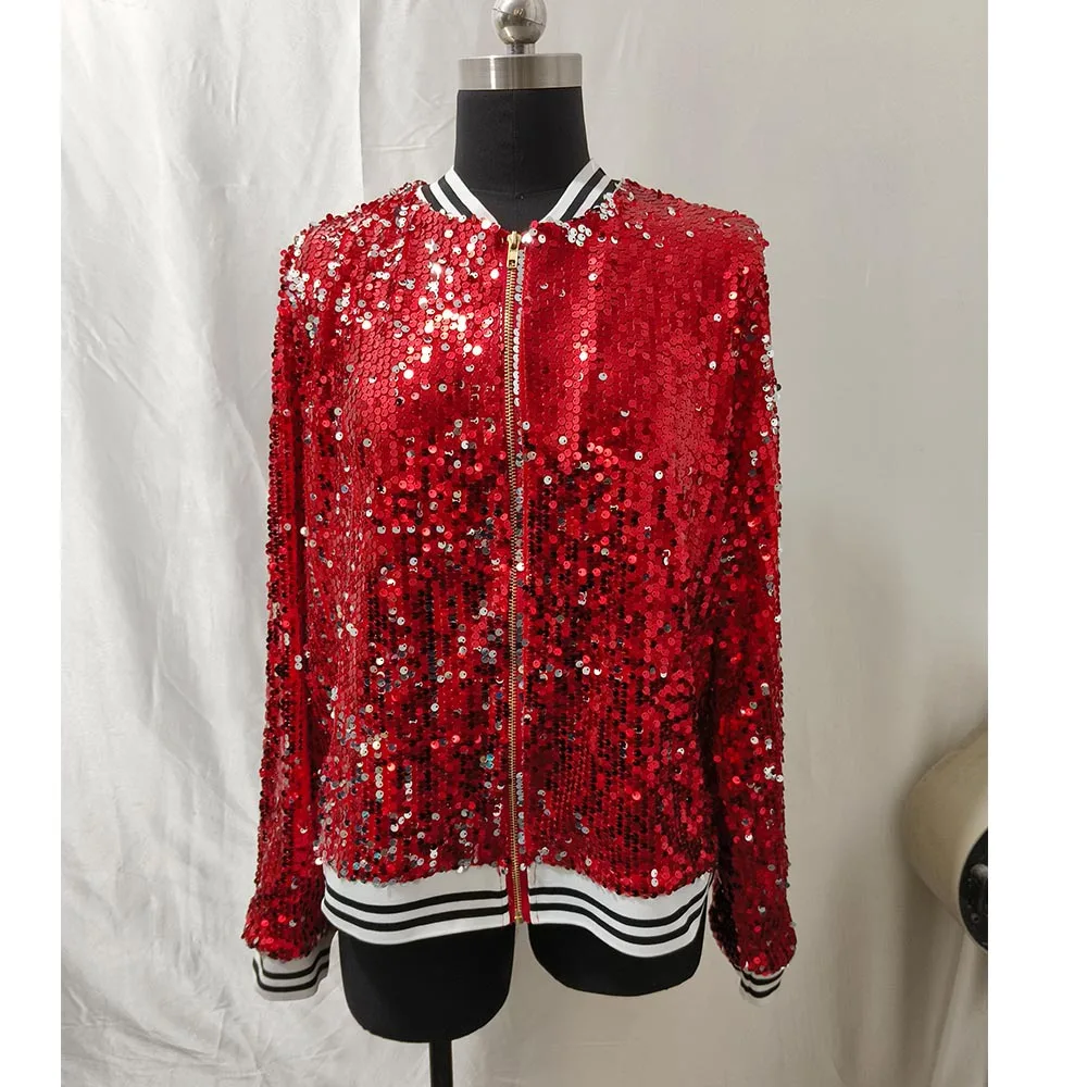 Shiny Color Sequin Jacket Coat Women Personalized Street Stand Collar Long Sleeve Zipper Jackets Fashion Female Clothing Coats