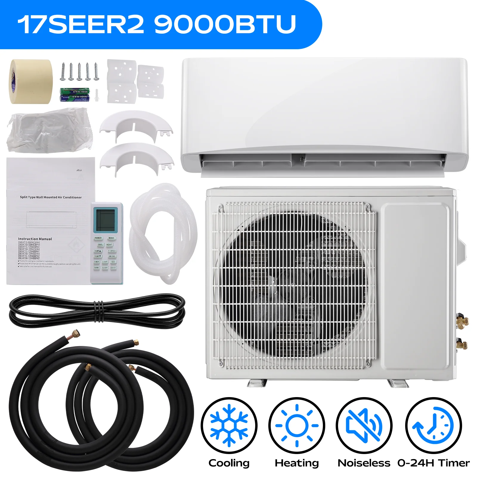 9000 BTU Mini Split Air Conditioner & Heater with Inverter, 17 SEER2 115V Energy Saving AC Unit Cools Rooms up to 450 Sq. Ft, Complete Installation Kit