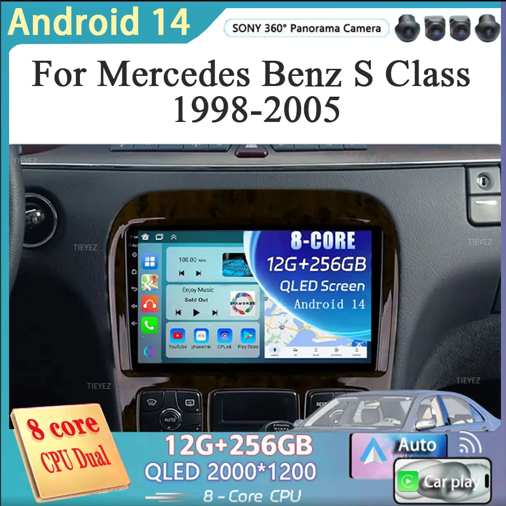 Android 14 Car Radio for Mercedes Benz S Class W220 S280 S320 S350 S400 S430 S500 S600 AMG 1998-2005 GPS WIFI 4G Carplay NO 2Din