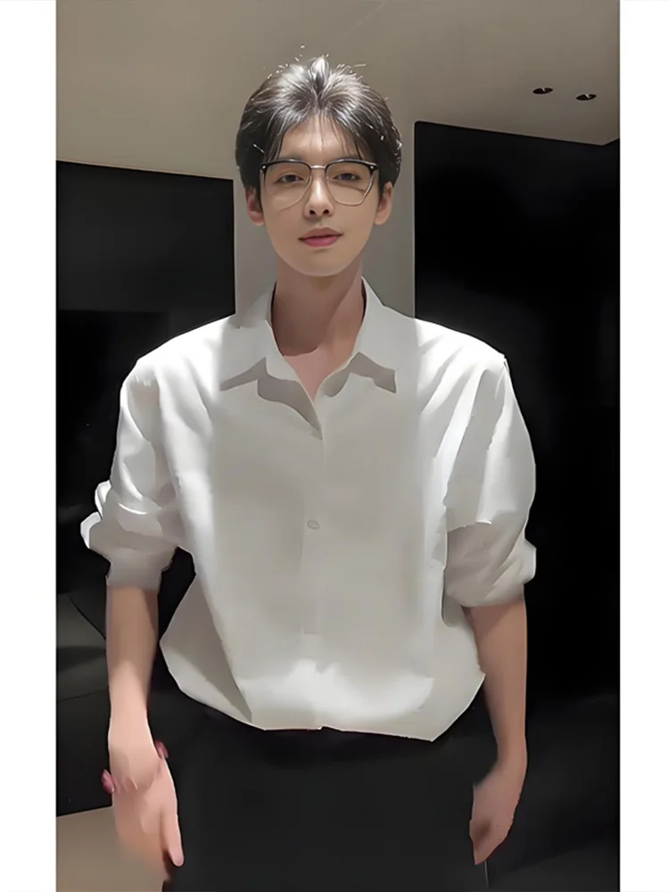 

Pure White Long Sve Men's irt Briti Sle Casual Faionable Inner Wear Polyester Fiber Breathable Thin Summer irt