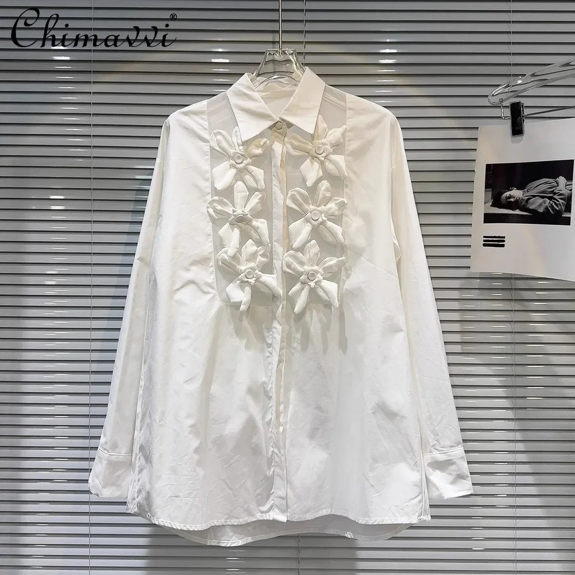 Autumn New French Fashion 3D Flower Decorative Mesh Splicing Shirt Long Sleeve Loose Blouse Women's Top Camisas De Mujer