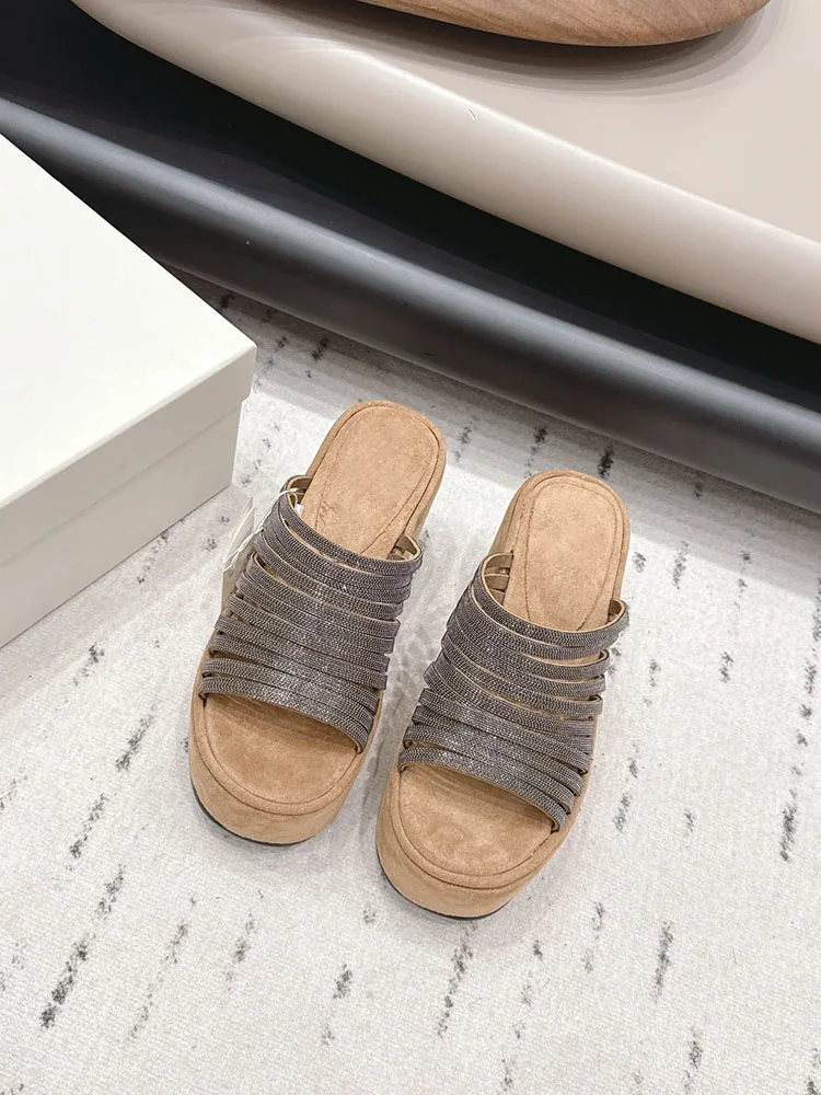 

Высококачественные летние босоножки-шлепанцы на высоком каблуке с бисером для женщин