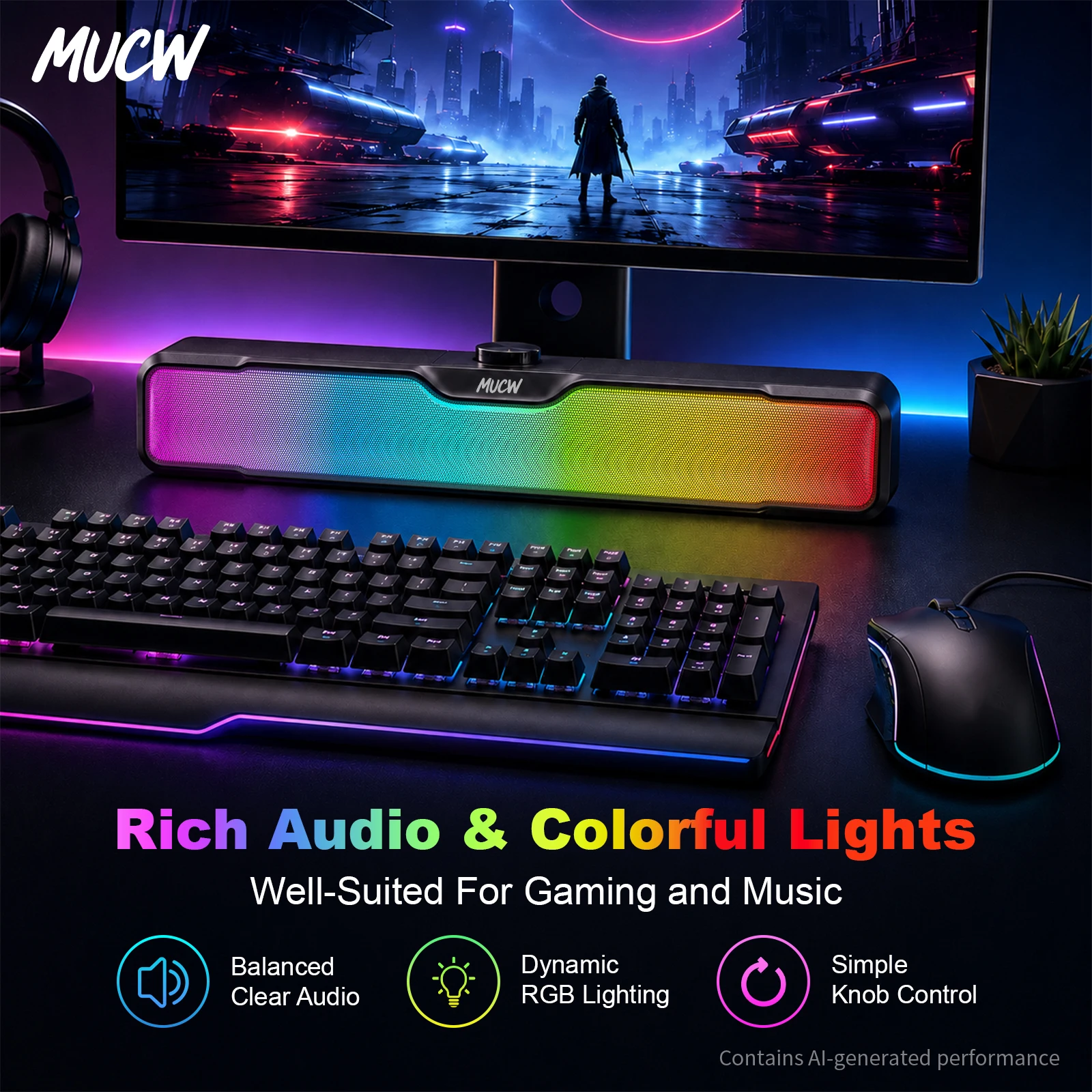 Rgb Computer Soundbar For Pc - MUCW MU‑C18 Gaming-Desktop-Soundbar Bluetooth 5.3 USB-betrieben