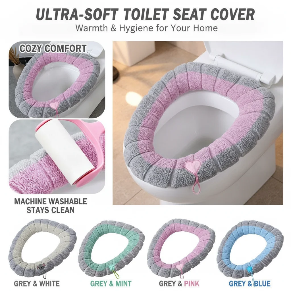 Universal Toilet Seat Cushion Thickened Handle Plush Warm Toilet Cover Four Season Washable Household Comfortable Seat Cover