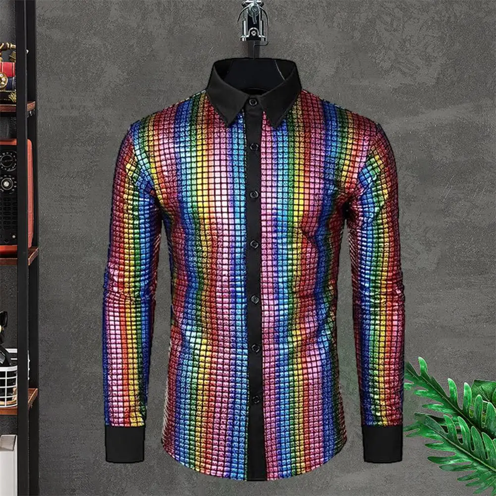 Men Shirt Shiny Smooth Sequin Stand Collar Single-breasted Turn-down Collar Club Dance Disco Stage Performance Vintage Top