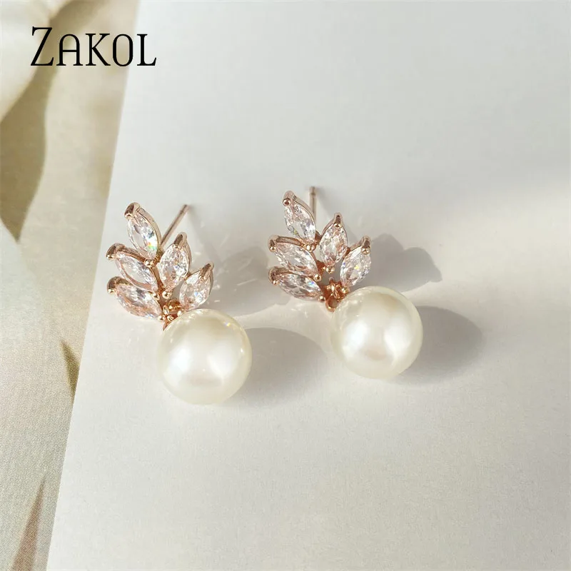 ZAKOL Elegant Cubic Zirconia & Imitation Pearl Leaf Dangle Earrings for Women Fashion Bridal Wedding Party Jewelry FSEP499