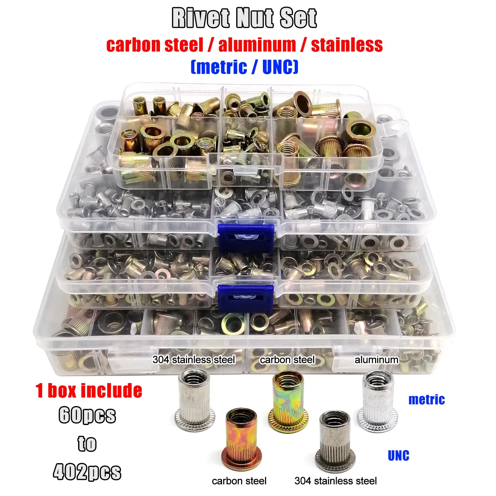 1 Box Flat Head Rivet Nut Rivnut Set Kit M3 M4 M5 M6 M8 US Coarse Thread UNC 304 A2-70 Stainless Steel Carbon Steel Aluminum
