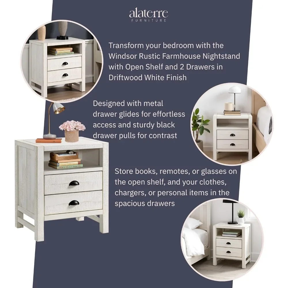 طاولات نهائية، منضدة مزرعة ريفية مع رف مفتوح ودرجين، طاولة بجانب السرير خشبية مع أثاث معدني للتخزين