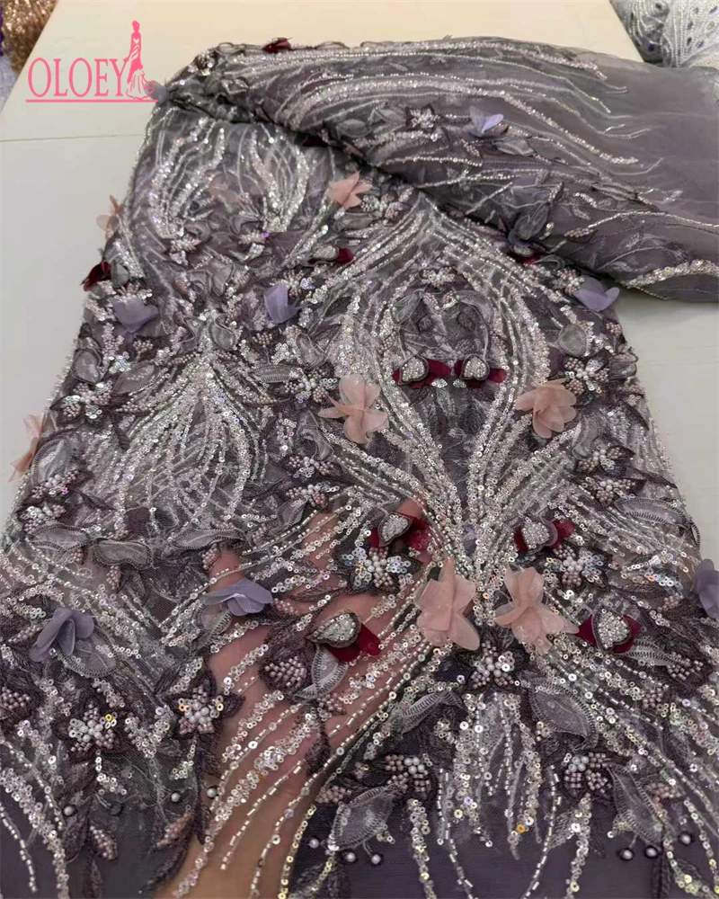 OLOEY 아프리카 레이스 원단 2025 스팽글 비즈 자수 신랑 나이지리아 신부용 고품질 프랑스 튤 레이스 원단 웨딩용