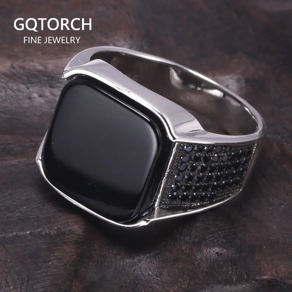 Guaranteed 925 Sterling Silver Rings Antique Turkish Ring Jewellery For Men With Square Black Natural Stones Simple Design