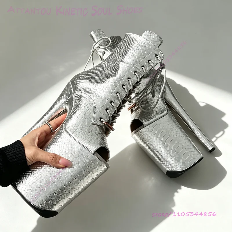 Shiny Silver Croc Embossed Boots 23cm 9 inch Open Platform Ankle Lace Stiletto Shoes Heel Pole Dance Booties Stage Club Footwear