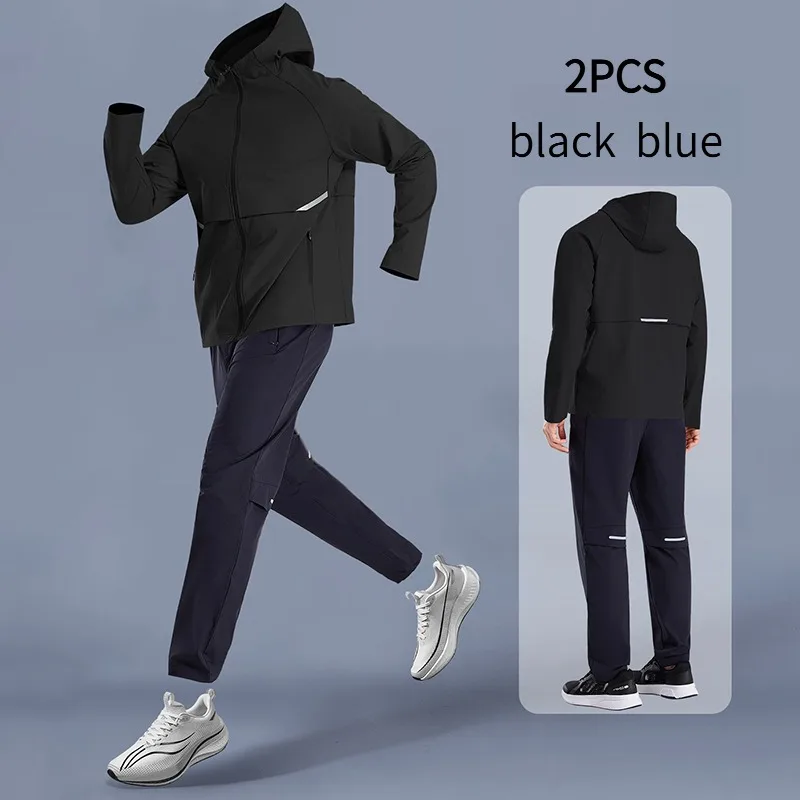 2-PCS Men's Spring Hooded Quick Dry Jacket Running Suit Professional Breathable Training Wear Sweat Absorbent Fitness Long
