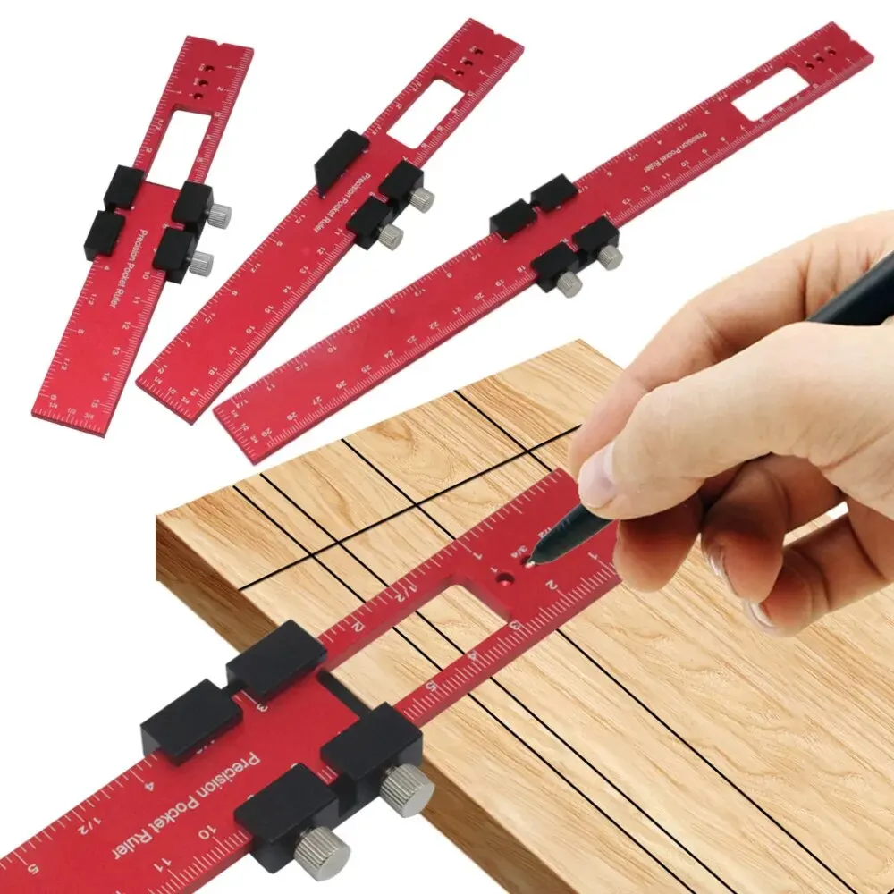 Woodworking Precision Pocket Ruler Aluminum Slide Ruler Inch and Metric T-Type Scribing Ruler Square Layout Tool W/ Slide Stops
