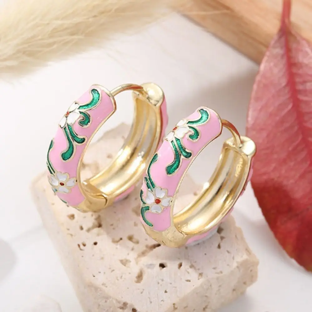 Hawaiian Traditional Flower Enamel Ear Jewelry Classic Vintage Chinese Style Earrings Ethnic Chinese Jewelry