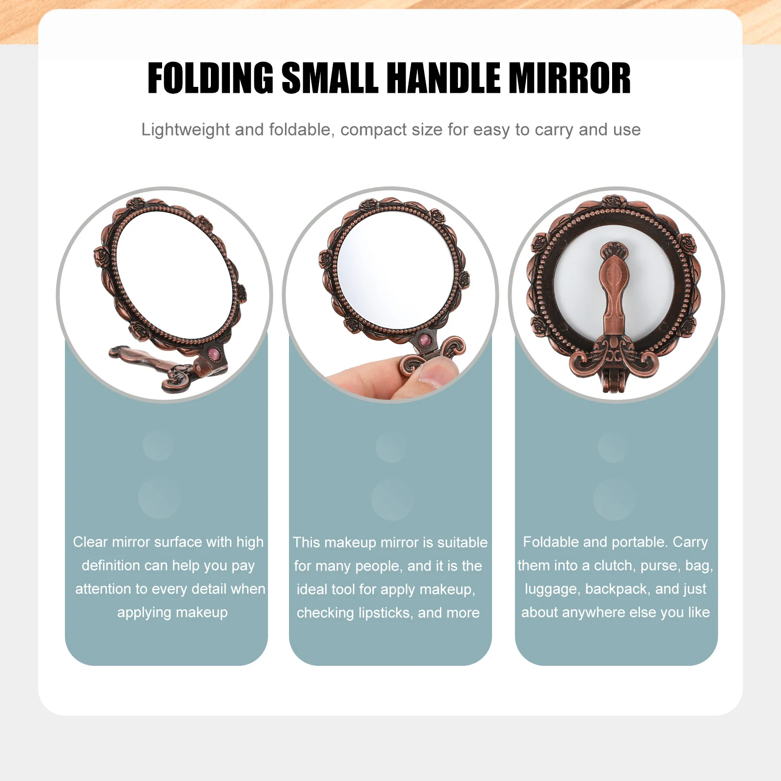 مرآة مكياج صغيرة محمولة قابلة للطي بتصميم عتيق، مرآة منقوشة محمولة باليد، أداة مكياج جيب هدية للسفر