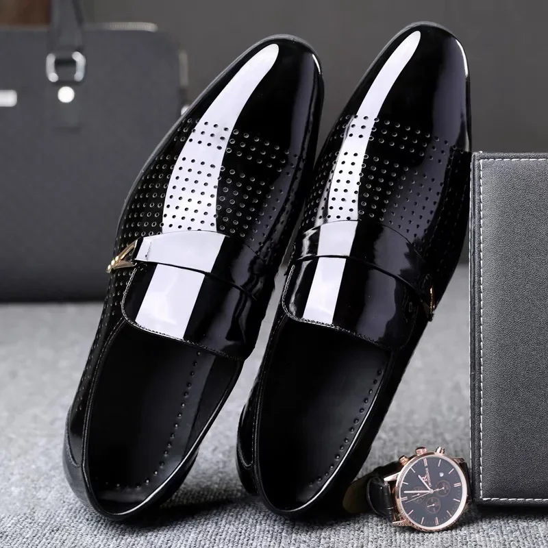 Formal Leather Shoes for Men Concise Slip on Dress Male Footwear Business Office Pointed Summer Breathable Hollow Man Loafers