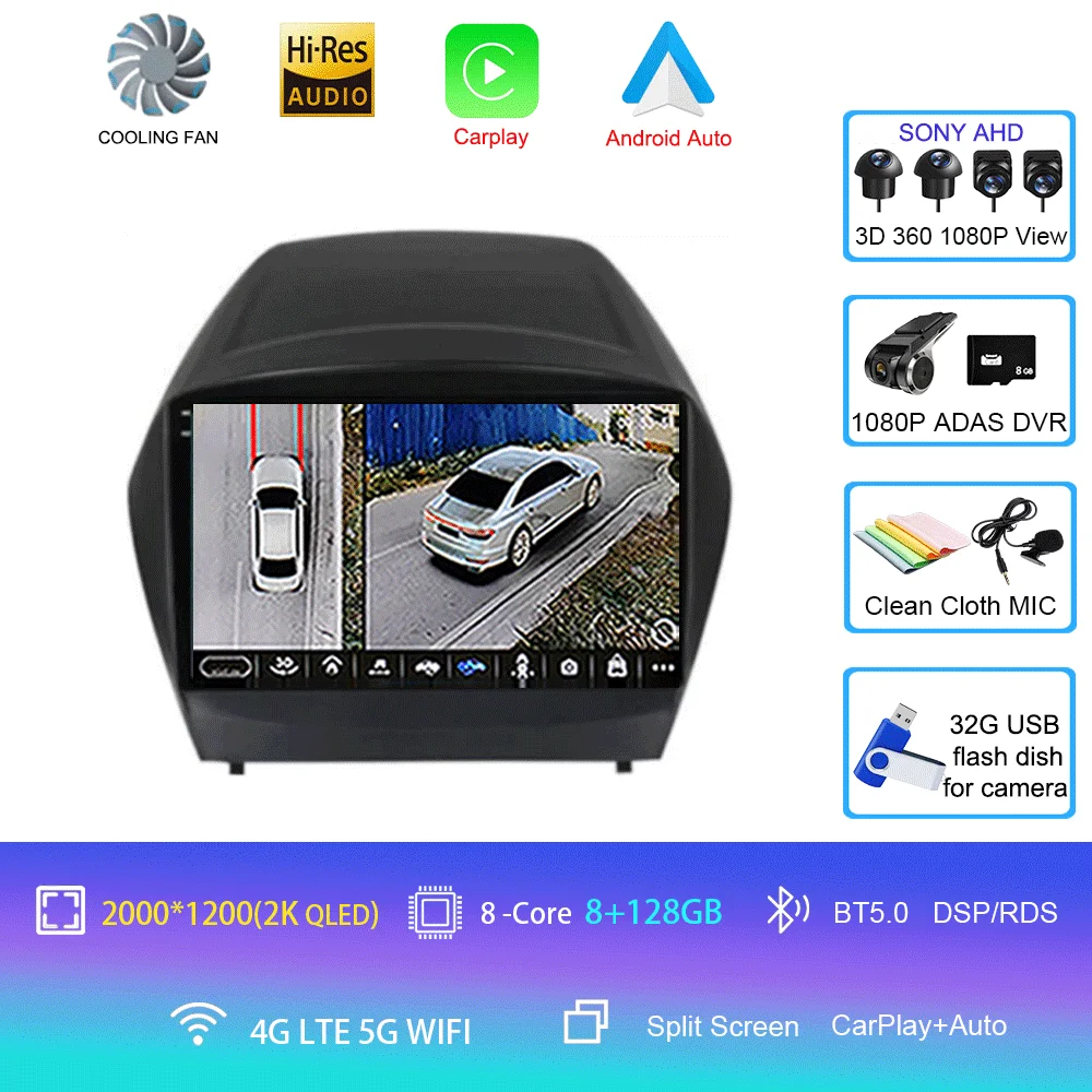 Android 16 Carplay autoradio voor Hyundai Tucson 2 LM IX35 2009-2015 navigatie GPS multimediaspeler WiFi stereo BT 360 camera